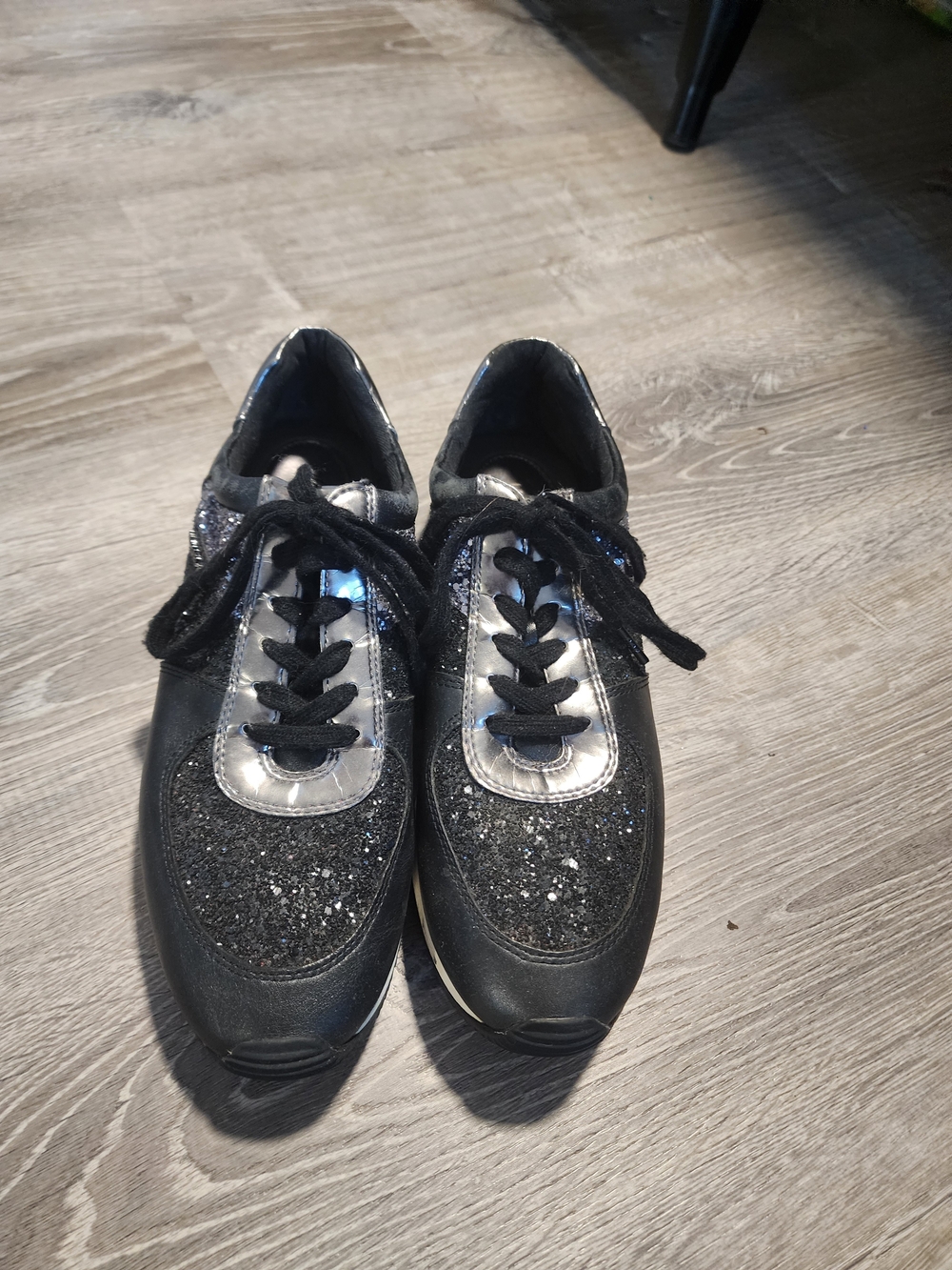Michael Kors Black Glitter Lace-Up Sneakers with Silver Accents